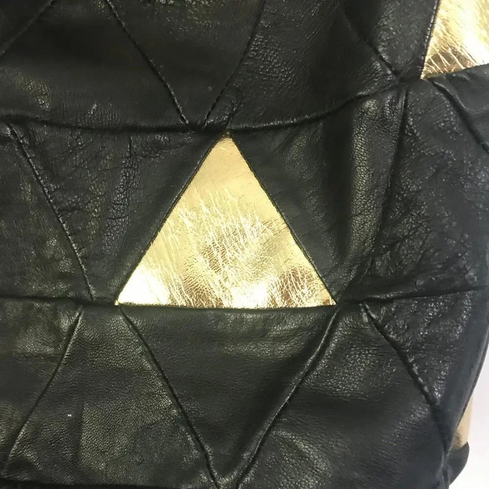 33 East Etra Purse Rare Vintage Bucket Leather Black Gold Triangle Boho Italy
